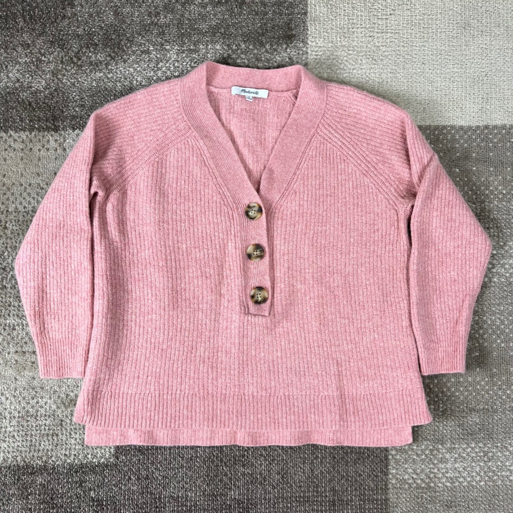 Madewell Pink Ribbed Knit Lyle Henley Sweater Womens Small Merino Wool Blend - Picture 1 of 6